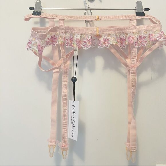 For Love & Lemons Pink Bloom Shimmer Cutout Caged Garter Size XL - Picture 8 of 10